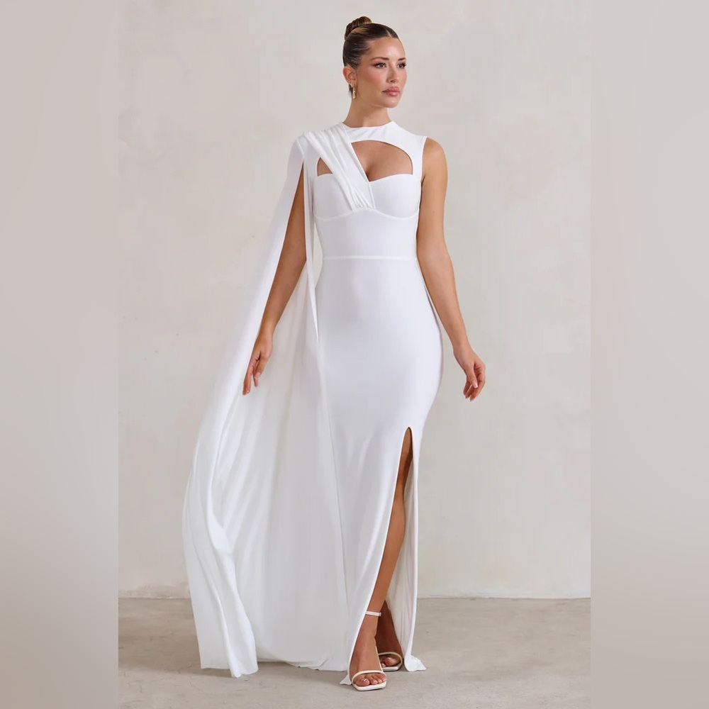 Emmey | White Asymmetric Cut Out Maxi Dress With Statement Cape